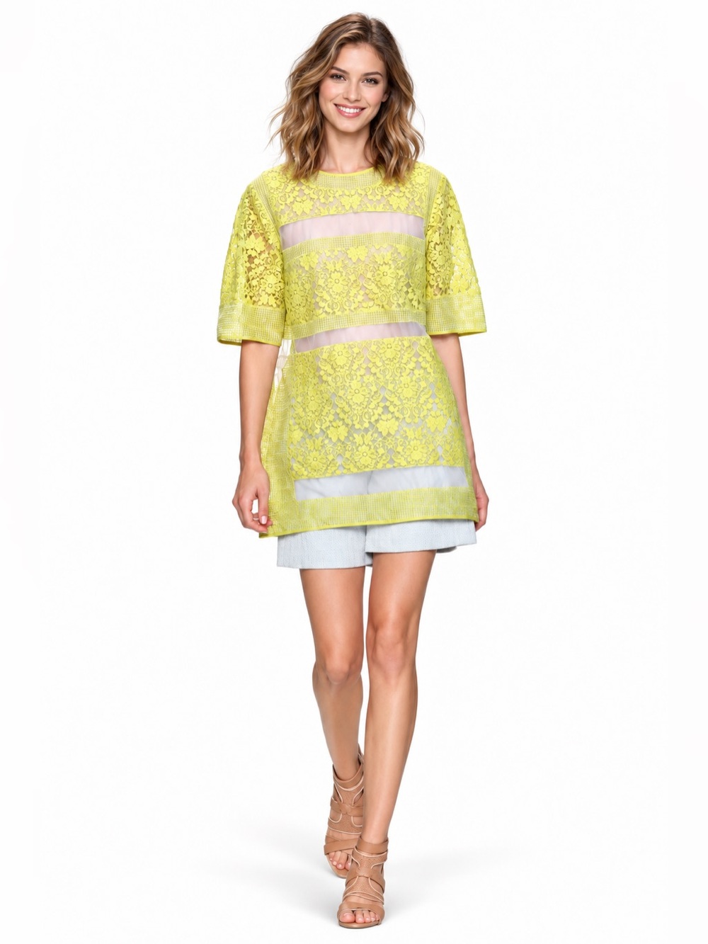Rebecca Taylor Spring 2014 Runway Silk Lace Tunic 6 Chartreuse Citron Sheer
